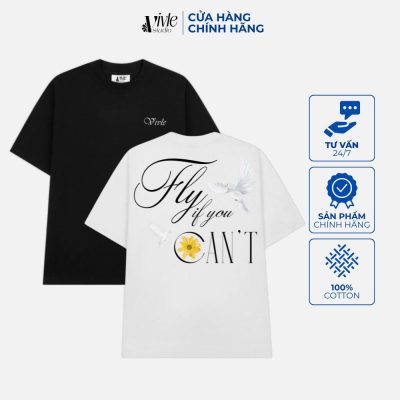 FLY-Áo thun unisex form rộng hai màu đen trắng