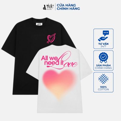 LOVE-Áo thun unisex form rộng hai màu đen trắng