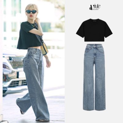 Style quần áo cho người gầy nữ-Áo croptop form rộng với quần bò ống rộng