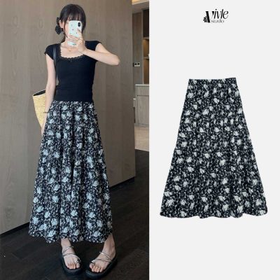 Style quần áo cho người gầy nữ-Chân váy chữ A hoa nhỏ cổ điển