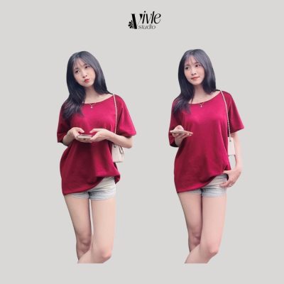 Phong cách ăn mặc trẻ trung cho nữ-Áo phông trễ vai kết hợp với quần sooc bò