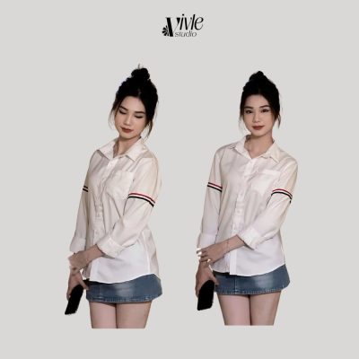 Phong cách ăn mặc trẻ trung cho nữ-Áo sơ mi kết hợp với chân váy bò ngắn