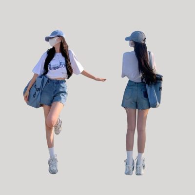 Thời trang cho người lùn 1m50-Quàn short jeans kết hợp với áo phông
