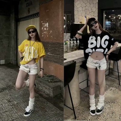 Áo phông oversized kết hợp với quần short cạp trễ