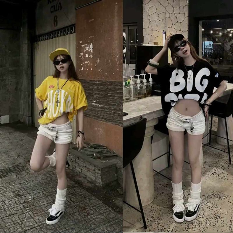 Áo phông oversized kết hợp với quần short cạp trễ