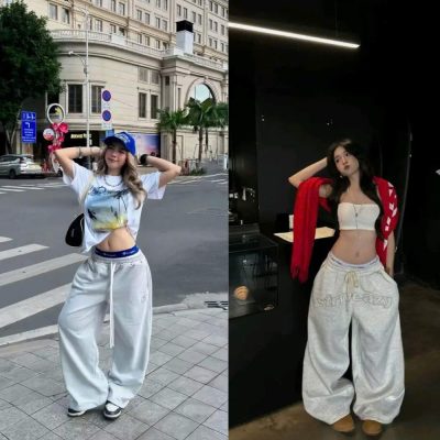 Phối streetwear là gì-Quần nỉ ống rộng kết hợp với áo phông hoặc áo quây