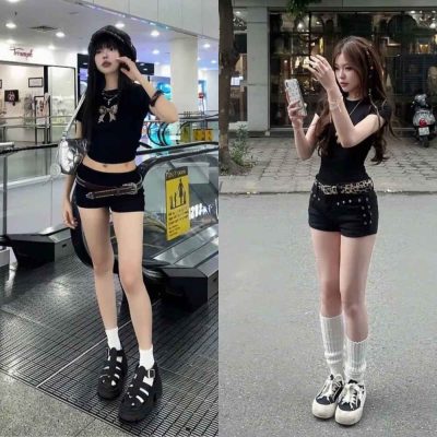 Phối streetwear là gì-Quần short cạp trễ + áo croptop