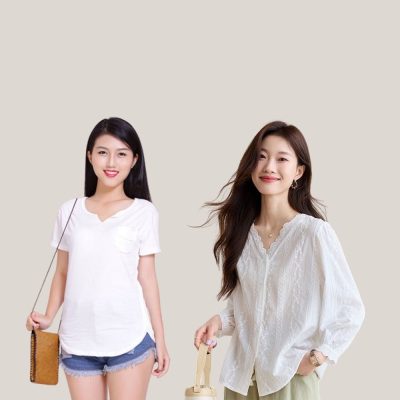 Nữ vai rộng nên mặc gì? Áo thun hoặc áo sơ mi có cổ V